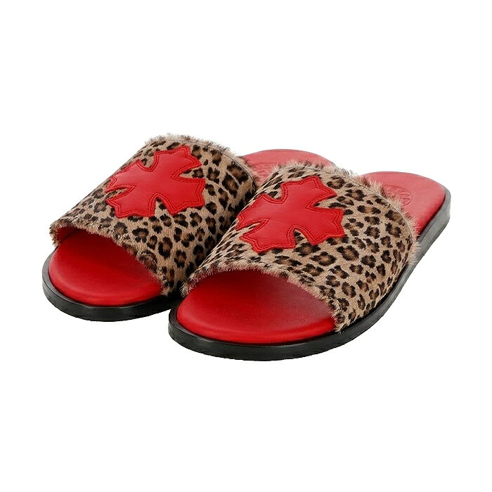 【新品】 【最短即日発送】 CHROME HEARTS LEATHER CROSS PATCH HARAKO LEATHER FLAT SANDALS クロムハーツ レザー クロスパッチ ハラコ レザー フラット サンダル Central Cee ストリート レディース レッド 35 36 37 サイズ オンライン