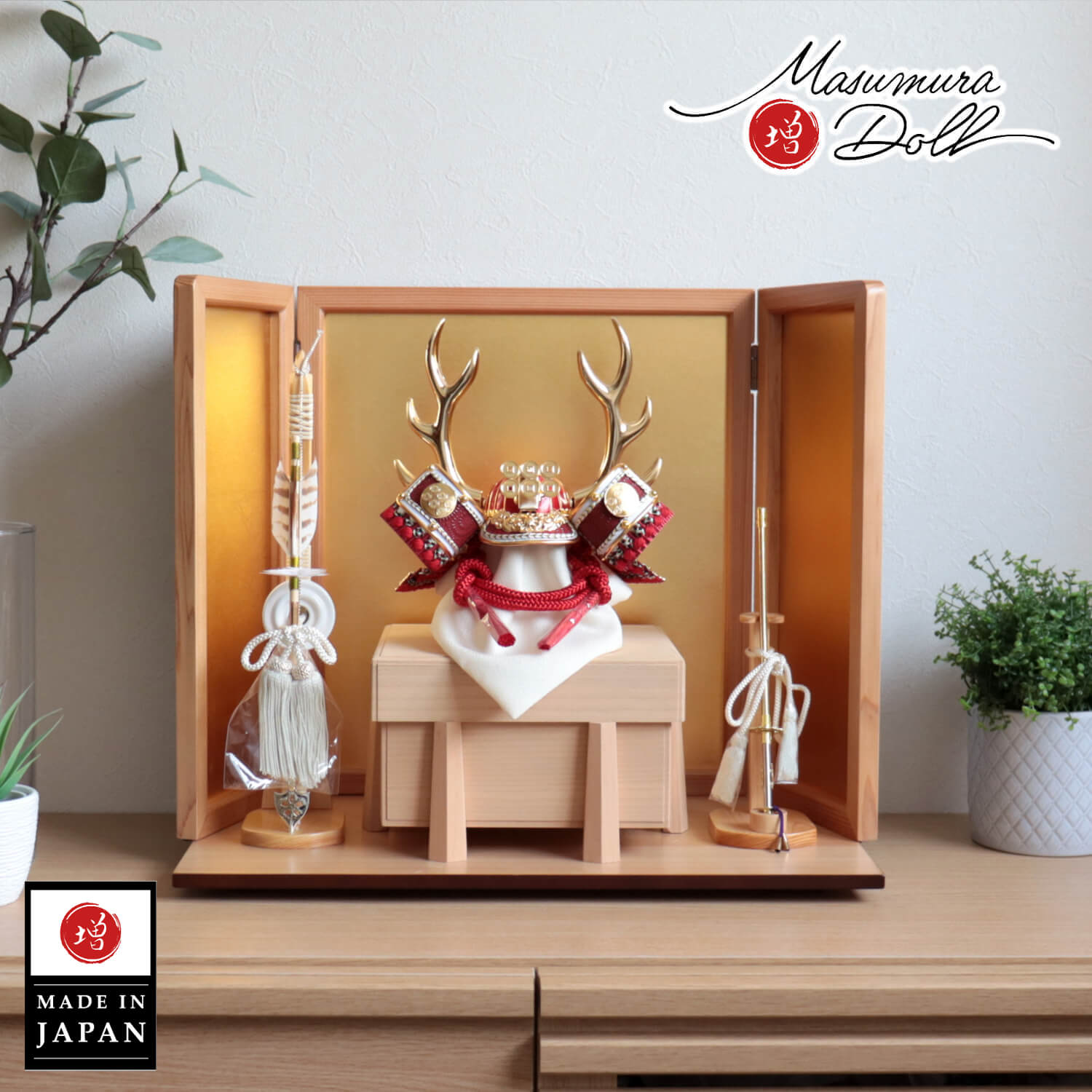 完全日本製 レッド ゴールド 武将 真田 幸村 兜 共吹き返し 国産桐極上面取櫃 杉ナチュラル箔押屏風 ヒノキ製本藤巻弓太刀付 五月人形 赤 赤糸 赤備え 5月人形 さつき人形 皐月人形 五月飾り 兜飾り 兜鎧飾り 白鉢 淡色 全国産