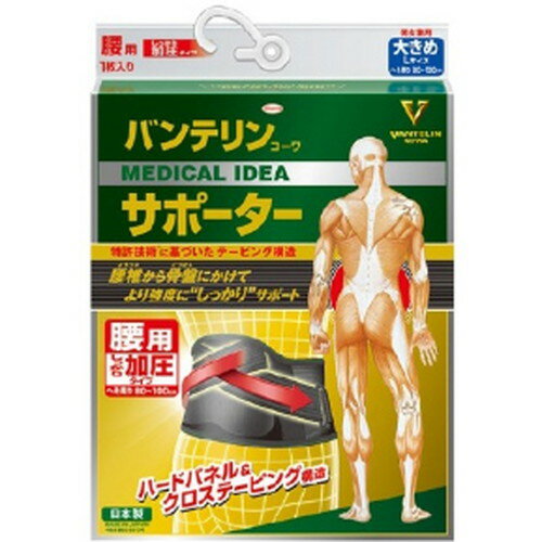 広告文責・販売事業者名：株式会社ビューティーサイエンスTEL 050-5536-7827・・・・・　商　品　詳　細　・・・・・ 商品名 バンテリンコーワサポーター 腰用 しっかり加圧タイプ ブラック 大きめ 1枚入 内容量 1枚 商品詳細 ●腰椎から骨盤にかけてより強度に「しっかり」サポート！ ●クロステーピング構造 腰のねじれを制限しながら、背面の腰上部から下腹部に向けて加圧し支えることで、腰椎から骨盤にかけてしっかりサポートします。 ●特殊形状背部ハードパネル 腰の曲線にフィットし、腰を手で支えるように腰部を効率よくサポートします。なお、パネルは取り外しでき、姿勢補正と背屈抑制機能の調整ができます。 ●V字型装着形状&アジャスタブル補助ベルト V字型装着形状とすることで、下腹部を効果的に持ち上げることができます。 ●補助ベルトで腰部をしっかり締め付け、固定することでズレを防ぎます。また、固定力を簡単に調節できます。 ●男女兼用 【規格概要】 適応サイズ：胴囲：80～100cm 使用方法 (1)本体の面のファスナーから補助ベルトを外します。クロステーピング部が外面、タグが右側内面になるように持ちます。両手で引っ張って左右均等の長さになるようにします。 (2)左手を斜め下(おへその下5cmくらいが目安)に向かって伸ばします。※おへそよりも上に装着しないでください。 (3)左手を動かさないように固定したまま、右手を斜め下に向かって伸ばし、面ファスナーを固定します。(はじめの締め付け加減は、面ファスナーで調節してください。) (4)補助ベルトを斜め下前方に向かって伸ばし、本体にとめます。最終的な締め付け加減は、補助ベルトで調節してください。 備考 ※効果には個人差があります。 すべての方に効果を保証するものではありません。 ※パッケージデザイン等は予告なく変更されることがあります。 ※メーカー都合により商品のリニューアル・変更及び原産国の変更がある場合があります。 区分 日用品 製造国・原産国 日本 発売元・販売元 興和 JANコード 4972422030575