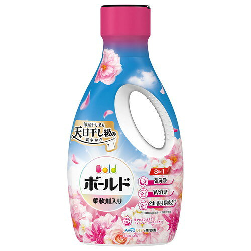 商品名 P＆G ボールドジェル 華やかプレミアムブロッサムの香り 本体 680g 内容量 680g 商品説明 ●3 IN 1：強洗浄・W消臭＊1・24h香り長続き＊2●ファブリーズ レノアと共同開発●華やかおひさまとプレミアムブロッサムの香り●すすぎ1回OK●部屋干しにも●10%濃縮！＊3 少ない量で同じだけ洗える＊1 2種類の消臭成分＊2 保管状態で＊3 2024年のボールドジェルシリーズ比。※メーカーの都合により、パッケージ・仕様等は予告なく変更になる場合がございます。 サイズ サイズ：W128×H270×D69mm 成分 成分：界面活性剤(20%：ポリオキシエチレンアルキルエーテル、直鎖アルキルベンゼンスルホン酸塩、アルキルエーテル硫酸エステル塩、純せっけん分(脂肪酸塩))、安定化剤、香料、pH調整剤、水軟化剤液性：弱アルカリ性 使用方法 【使用方法】・一般タイプの洗濯機では水30Lに対して洗剤約27mL(詳しくはボトル記載の使用量の目安をご覧ください。)・頑固な汚れには直接塗って、少し(5分程度)おいてから、洗濯機で洗うとより効果的です。・洗う前に、衣類の取り扱い絵表示をたしかめてください。・ウールやデリケートな衣類などのお洗濯には使わないでください。・ドラム式にもおすすめ。・自動投入の際は初期設定時に「水30Lあたり27mL」で設定ください。※製品に蛍光剤は配合しておりませんが、生産工程上微量に含まれることがあります。 注意事項 【注意事項】・これは飲み物ではありません。【使用上の注意】・子供の手の届くところに置かない。・認知症の方などの誤飲を防ぐため、置き場所に注意する。・用途以外に使用しない。・荒れ性の方や長時間使う場合、また原液で使う場合は炊事用手袋を使う。・使用後は水で手をよく洗い、クリームなどでお手入れをおすすめします。・開ける際にはキャップの切り口と液の飛び出しに気をつけてください。・こぼさないよう注意する。・こぼれたときは、水ですぐにふき取る。・原液が洗濯機のフタや床などについたときは、水ですぐにふきとる。・窒息の原因になる可能性がありますので、容器キャップは常に固く締め、お子様が誤って口にいれないようにしてください。・直付け、つけ置きする場合は、衣類の目立たない所に洗剤原液をつけて色落ちしないか事前に確認する。・洗剤原液が衣類に直接かかるのを防ぐため、洗剤投入口をお使いください。【応急処置】・万一飲み込んだ場合は水を飲ませる、また、目に入った場合はこすらずに水でよく洗う等応急処置をし、医師に相談する。 備考 ※パッケージデザイン等は予告なく変更されることがあります。 ※メーカー都合により商品のリニューアル・変更及び原産国の変更がある場合があります。 区分 雑貨 製造国・原産国 日本 製造販売元 P＆Gジャパン合同会社 JANコード 4987176295828 広告文責・販売事業者名:株式会社ビューティーサイエンス TEL 050-5536-7827