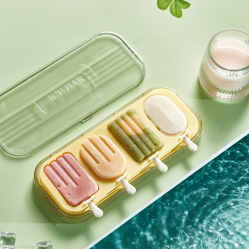 Ice-Makers - 製氷皿 アイスポップモールド 4個取 アイスキャンデー棒4枚付き 製氷道具 DIYモールド アイ アイスキャンディー 型 スキャンディー 型 製氷ツール シリコン製 ふた付き アイスキャンデー金型 製菓 冷凍トレイ 取出し簡単