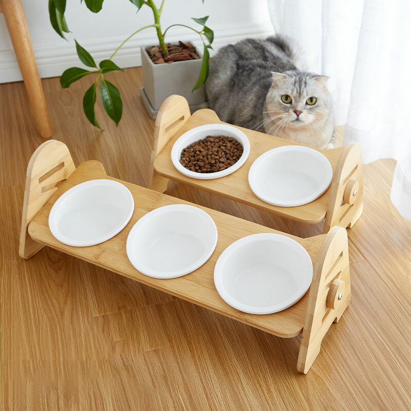 猫 食器 ネコボウル スタンド付 ダブル 餌入 食べやすい フードボウル 猫用 犬用 高さ調節 15度の角度つき 傾斜 食器台 餌台 すぐ使える 犬猫用スタンド付きセラミック食器