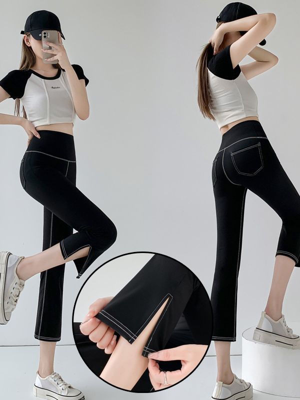 Nylon, Rayon, Polyester - ヨガ パンツ レディース 7分丈 パンツ スポーツタイツ ハイウエスト 美脚 スリット入りラッパズボン ヨガウェア スポーツ ヨガ スパッツ 柔らか 伸縮性・通気 涼しい カジュアル おしゃれ パンツ ボトムス 夏服