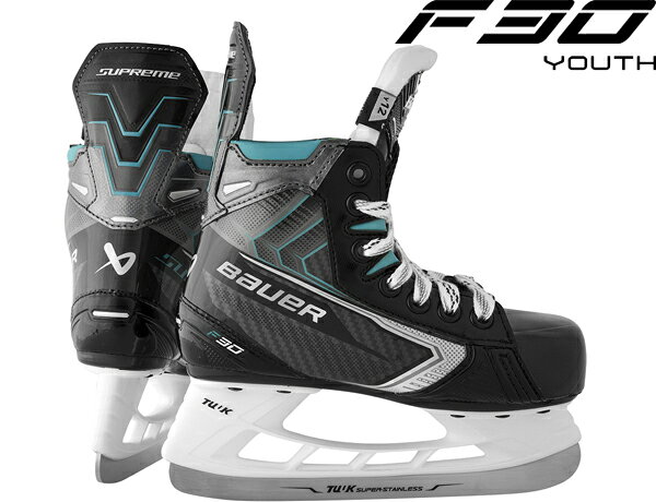 商品名 2026-2027モデル BAUER/バウアー S26 SUPREME F30 ユース アイスホッケースケート 商品説明 2026 BAUER SUPREMEシリーズがモデルチェンジ！ ストライドを習得中の若いプレーヤー向けに作られたF30ユーススケート靴は、適切で良いスケーティングの動作や習慣を身につけられるよう、容易にたわむ（フレックスする）設計になっています。 Remade for Your Game 大人用スケートをベースに、若いプレーヤーの成長を支えるユース向けの機能を新たに搭載しました。 Eagy to Flex 柔軟性のあるフェイシングとタンは、スケーターが力強いストライドのメカニズムを習得するのに役立ちます。 Lightweight and Responsive 軽量かつ柔軟なDIGI COMP構造により、加速や方向転換が容易に行えます。 DIGI COMP Quater 軽量かつ柔軟なクォーターが、あらゆるストライドを軽やかにします。 MOTIONFLEX MAX Facing アッパーのフェイシングに設けられた2つの切り込みにより、このスケート靴はしっかりと紐を締め上げることが可能です。それによって、効率的なストライドに必要な横方向のサポートと前方への柔軟性が確保されています。 Pro-Stock Youth Tongue プロ仕様のインスピレーションを取り入れたデザインと、ワンランク上の快適さ。 DIGI COMP Outsole 柔軟な素材は、ダイナミックな動きに必要な構造とサポートを提供します。 Youth Toe Cap 若いプレーヤーに、伝統的なルックスと感触を提供します。 Sublimated Liner 昇華転写プリントを施した生地が、ブーツの内側に快適な感触と際立つデザインをもたらします。 LIGHTSPEED PRO 2 Youth Holder このホルダーは、アイコニックなデザインと確かな性能を兼ね備えています。 Stainless Steel Runner クラシックなスチール製ランナーが、競技レベルの性能を発揮します 　※ご注文に関する重要なお知らせ※ 　ご注文頂きます商品は、全ての在庫を保証するものではございません。 　弊社は他WEBサイト、また実店舗において店頭販売を行っております。 　ご注文可能な状態でも、店頭・メーカーにて実際には完売となっている場合がございます。 　商品をご用意出来ない場合、ご注文をキャンセルさせて頂く場合もございます。予めご了承ください。 SPEC&nbsp; ● ライン：スプリューム ● クラス：パフォーマンスモデル ● フィット：解剖学的フィット ● 幅：D ● ブレードホルダー：TUUK LS PRO2 ● ブレードランナー：TUUK S.STAINLESS ● オーブン：可能/ご来店のみ無料サービス