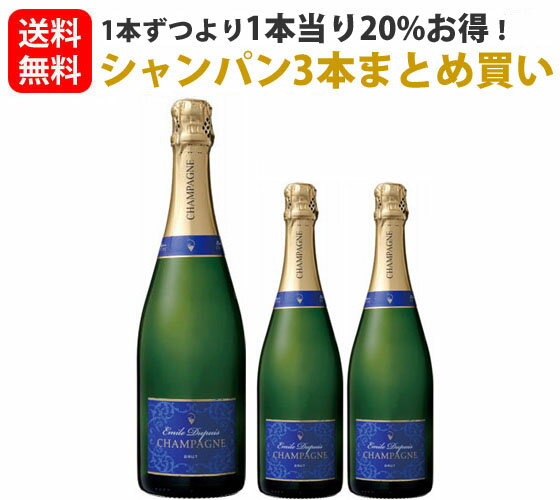 【セットで2割お得】【1本当たり3,784円】【辛口】スパークリングワイン シャンパーニュ3本まとめ買いセット＜MWS006＞エミール・デュピュイ ブリュットNV AOP 発泡 750ml　フランス　シャンパン　送料無料　パーティ ギフト