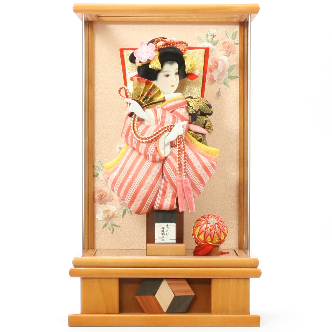 羽子板飾り《商品コード》10308-0138 振袖 正絹博多織 ピンク 10408-1187 羽子板ケース アクリル 杏 ｜初正月｜省スペース｜おしゃれ｜モダン｜コンパクト｜江戸押絵羽子板｜無病息災｜邪気払い｜無患子