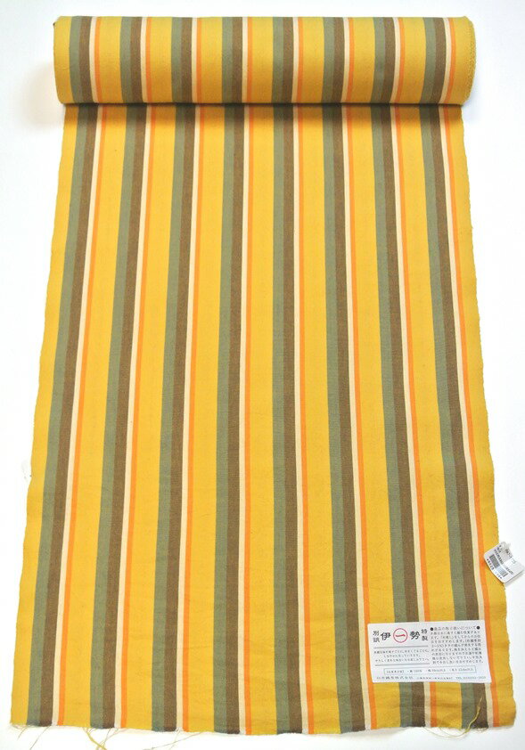 【着物】　木綿　単衣　伊勢木綿　黄オレンジ緑縞　【臼井織布】　反物