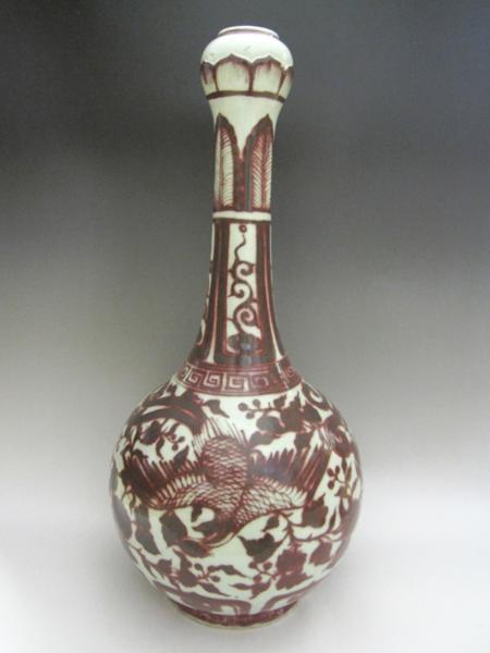 景徳鎮 釉裏紅鳳凰文瓶 全高52cm 中国 希少 花生 花瓶 白磁 陶磁器