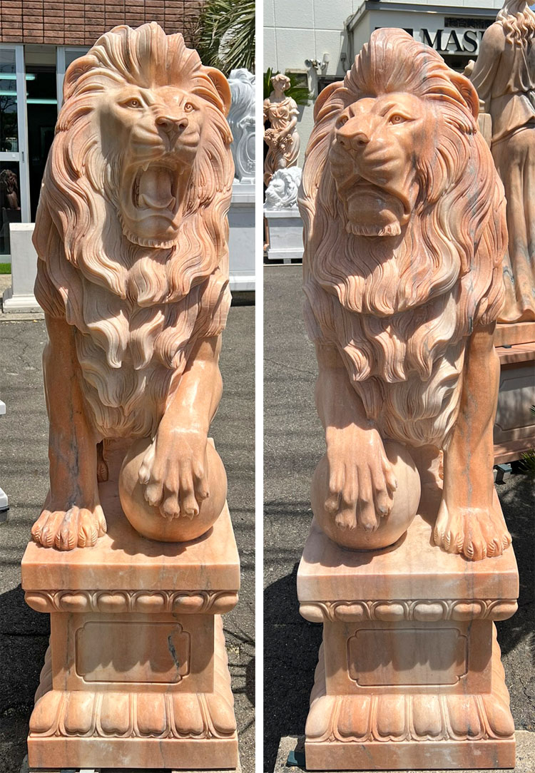 天然大理石彫刻 玉を持つライオン ペア ピンク 高さ約1m58cm 動物像 阿吽 百獣の王 石像 大理石 彫刻 ..