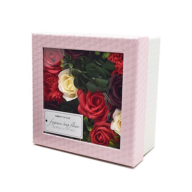 ソープフラワースクエアBOXタイプレッド色ソープフラワー しゃぼんフラワー きれいな仏花 プレゼント仏花 進物用 贈答用 観賞用 仏花 造花 お供え花 お盆仏花 お彼岸仏花