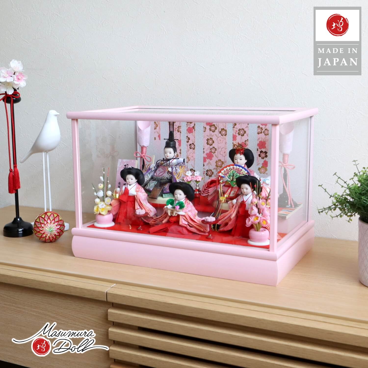 雛人形 衣装着 5人 ケース 七宝柄 コンパクト飾り 金彩枝垂れ桜 ガラスケース
