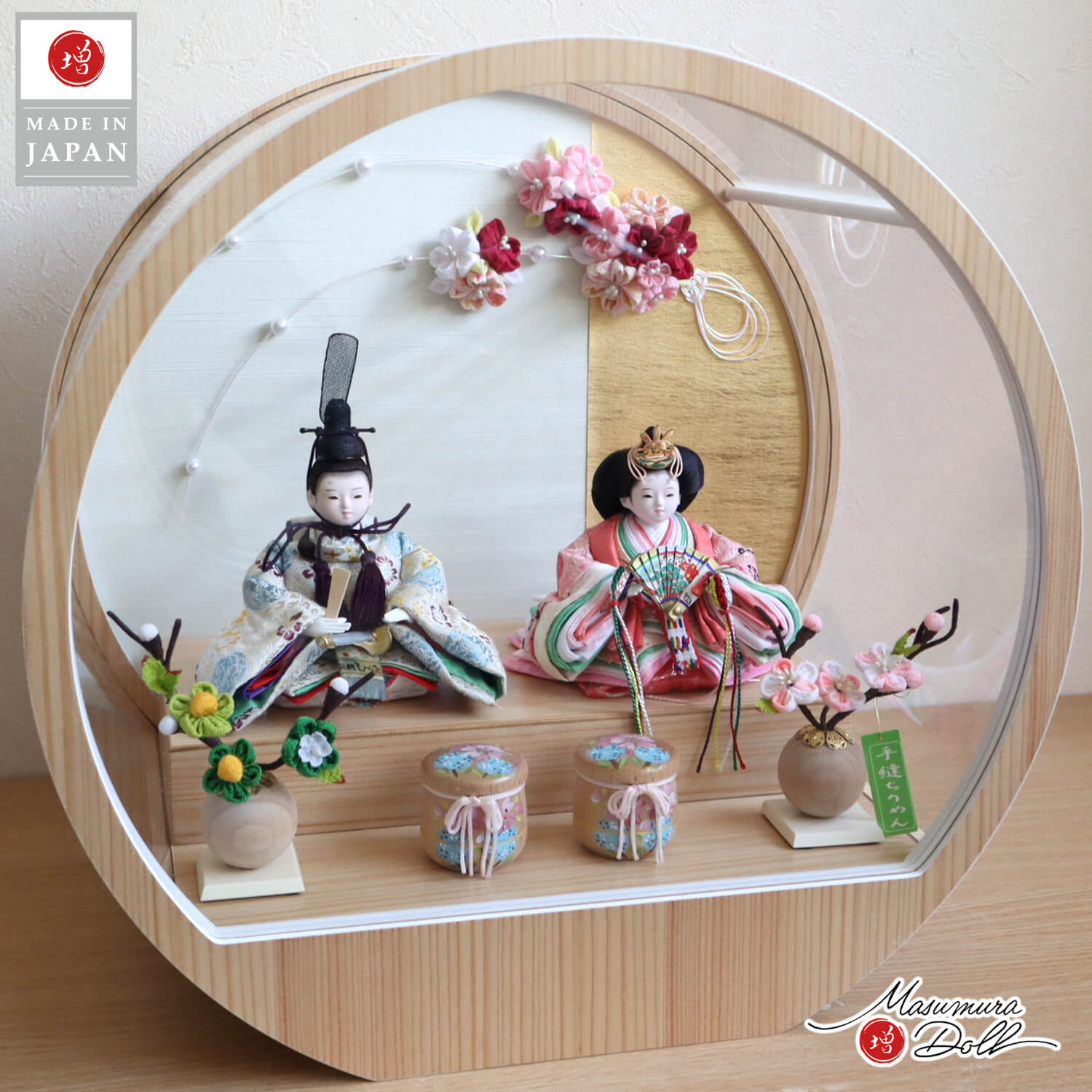 華峰作 柳 正絹西陣織 鳳凰丸 月-tsuki- 日本製円形ナチュラル杉 アクリルケース (つまみ細工付き) 壁掛け対応 増村人形店のサムネイル