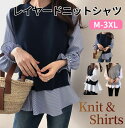 ニットシャツ 2点セット ニットベスト レイヤード シャツ×ニット セットアップ ニット チュニック ストライプ ブラウス シャツ 長袖 重ね着 バックスリット トップス ペプラム コーデ レディース