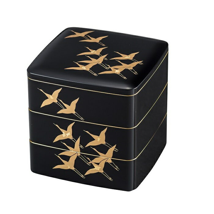 三段重 鶴黒 6.0山中漆器　山中塗　きれい　おしゃれ　モダン　日本製　お重　重箱　お花見　正月　おせち　運動会　料理好き　器好き　器集め