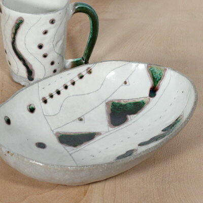 ■織部・粉引 幾何学小判鉢■h202 和