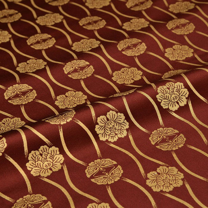 生地 布地 手芸 立涌 向かい蝶 牡丹 有職文様 茶 正絹 シルク 化繊混紡 巾30cm 長さ10cm単位 和柄生地..