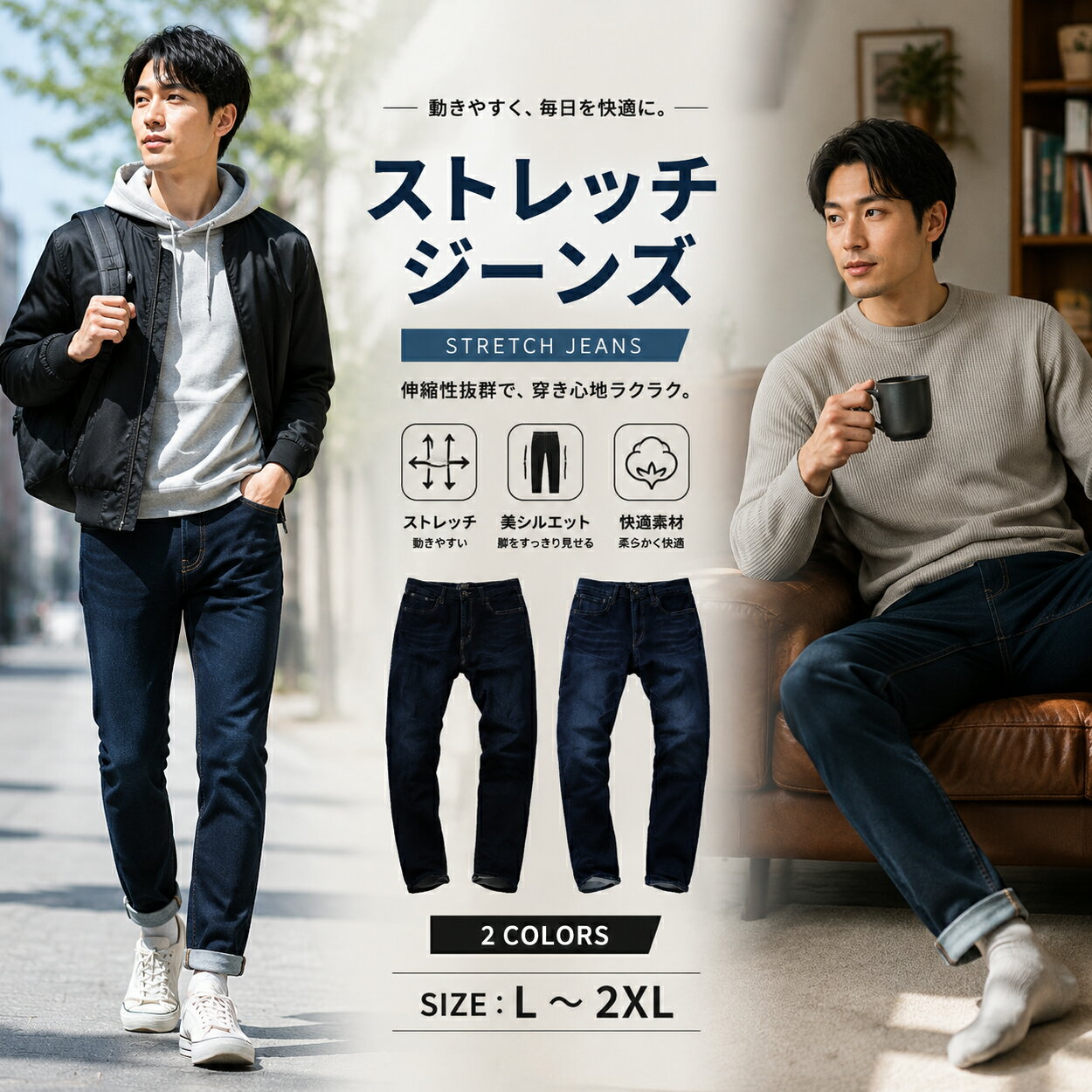 デニムパンツ メンズ ジーンズ ストレッチ 伸縮あり ストレッチ 綿パン ロングパンツ デニムパンツ スリム ジーパン 綿78% T/R26% ポリウレタン2% コットンデニム ボトムス ブルー ビジネス 無地 パンツ ロングパンツ MATCH麻吉 送料無料