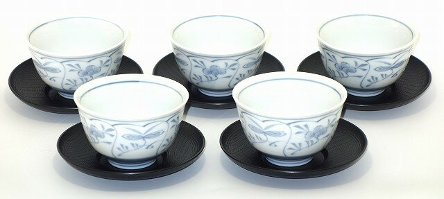 美濃焼 古染なずな（薄墨） 茶托付煎茶 5客セット 【湯呑】【煎茶碗】【汲出し湯呑】【湯のみ】【湯飲..