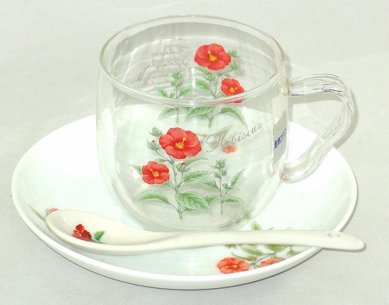 セレック 耐熱ガラスカップ&ソーサー ハイビスカス 陶製スプーン付 プレゼント ギフト 贈リ物 祝 お祝い 記念品