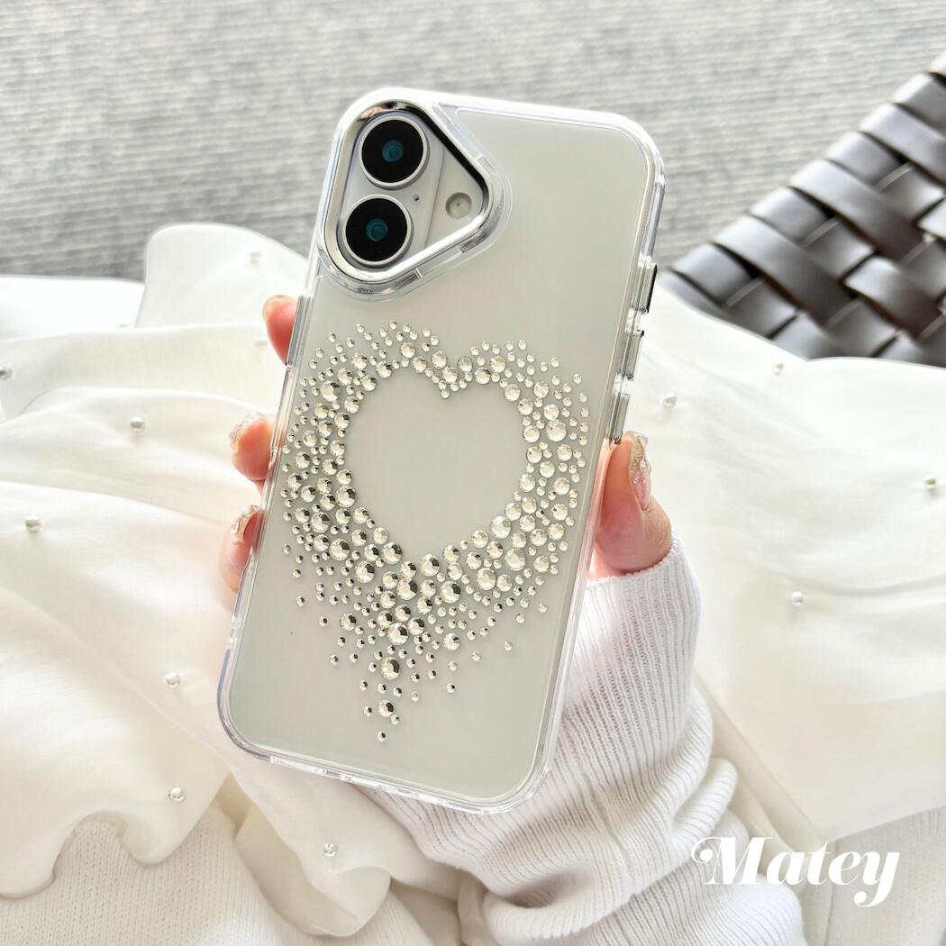 Matey ストーンクリアグローハート iPhoneケース｜iPhone16 iPhone15 iPhone14 iPhone13 クリア ハート ストーン付き キラキラ 透明 ケース スマホケース シンプル 可愛い おしゃれ 軽量 TPU ソフトケース 韓国風 大人可愛い シルバー ラインストーン 高級感
