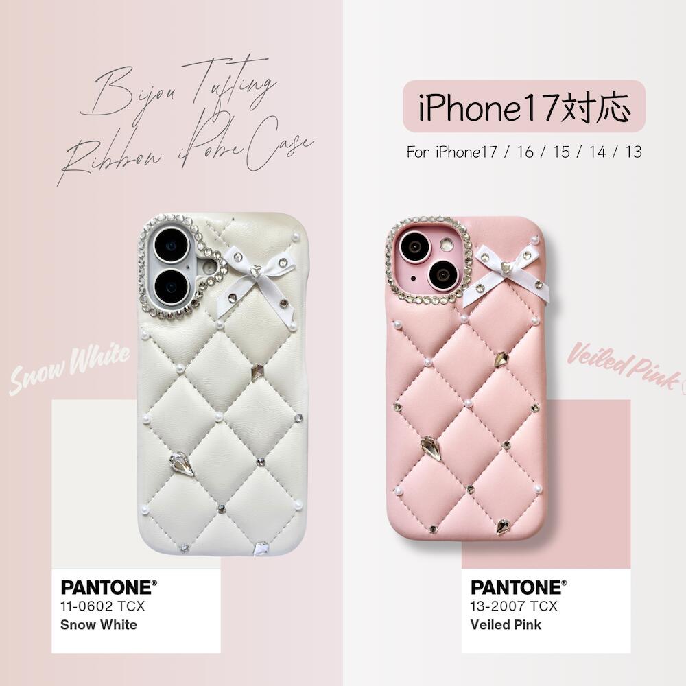 iPhone17対応【公式】Matey ビジュータフティングリボンiPhoneケース ヴェールドピンク・スノウホワイト｜キルティングiPhone16 iPhone15 iPhone14 iPhone13 スマホケース フレンチガーリー キラキラ 高級 レザー 白 アイフォンケース 大人可愛い 韓国 パール