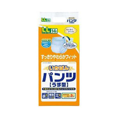 必要な数だけご購入できます 大容量 つめかえ 入数 サイズ・カラー違い 一緒にご購入・ご検討いかがですか 【商品詳細】 ●安心のうす型計量設計で、動きやすい！ ●うすくてもしっかり吸収 ●やわらか素材でお肌にやさしくフィット ●全面通気性シート 布感覚の通気性シートで、ムレ防止 ●消臭加工 消臭ポリマーのはたらきで、しっかり尿の臭いを抑えます。 ●はきおろしができるパンツタイプです。 ●目安の吸収量：おしっこ約3回分 ※医療費控除対象品 【サイズ】 ・LLサイズ（ウエスト回り：85〜125cm）男女共用 ・14枚入 ※パッケージデザイン等は予告なく変更されることがあります 【送料無料商品をご注文のお客様へ注意事項】 （1）送料無料商品の扱い 送料無料商品と共に送料別の商品をご注文された場合、お届け先地域（料金表に準じる）の送料がかかります。 送料無料商品のみご購入の際、送料は無料とさせて頂きます。 （2）こちらの商品は一部地域のみ送料無料です。 【東北・北海道】は送料800円かかります。 東北（青森県・岩手県・宮城県・秋田県・山形県・福島県）・北海道へのお届けは送料800円かかります。 ※（2）につきまして、商品名に【東北・北海道別途送料】と記載がある商品のみ該当となります。 記載が無い商品につきましては、商品ページの注意事項をご確認ください。【関連アイテム】エルモア いちばん パンツ