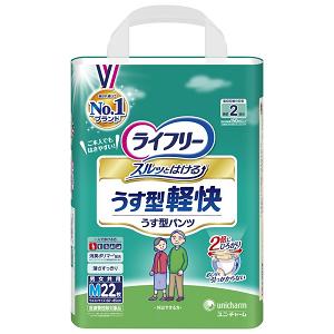 【送料無料・ケース販売】　賢く・お得に・まとめ買いがオススメです 大容量 つめかえ 入数 サイズ・カラー違い 一緒にご購入・ご検討いかがですか 【商品詳細】 ●柔軟仕上げの新改良やわらか素材で下着らしさ、肌への優しさを向上した介護用おむつ(パンツタイプMサイズ)です。 ●ライフリーパンツシリーズの素材自体の強度・快適な伸縮性は維持し、パンツの基本機能である上げ下げのし易さ・丈夫さは従来通りを維持しました。 ●やわらかさがアップした、下着のようなはき心地のおむつです。 容量：22枚入 適応サイズ:ウエスト回り60-85cmまで 商品サイズ:幅281*奥行222*高さ366(mm) ※パッケージデザイン等は予告なく変更されることがあります【関連アイテム】ライフリー うす型