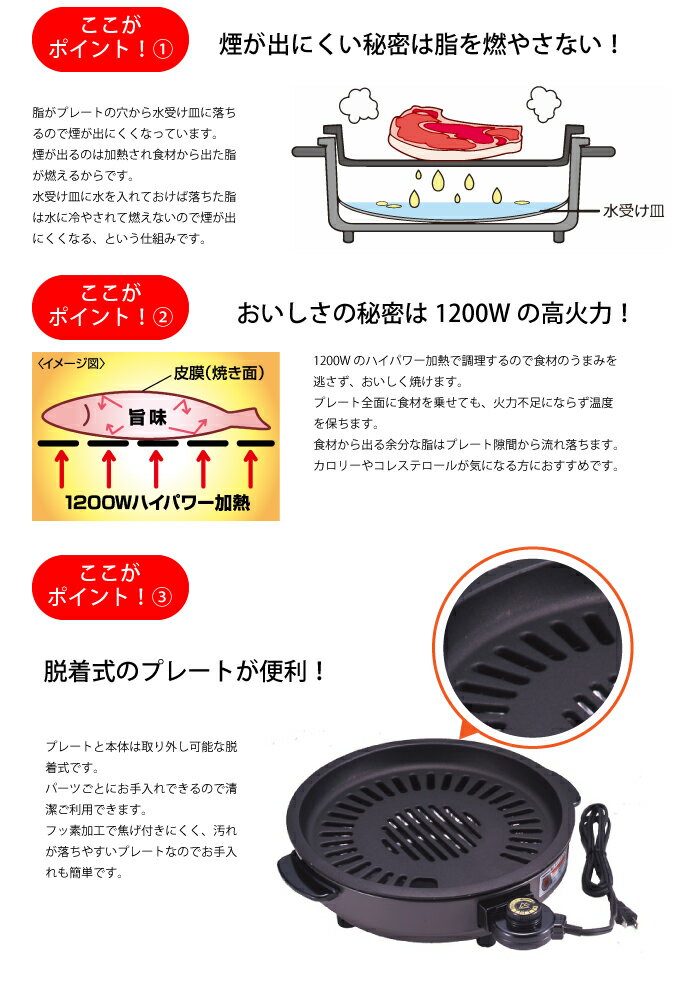 ★最大43倍+クーポン★ 消煙グリル 日本製 無煙ロースター 1200W 着脱式 無煙グリル 無煙グリルロースター 無煙焼肉プレート 無煙焼き魚機 煙の出にくい 無煙焼肉