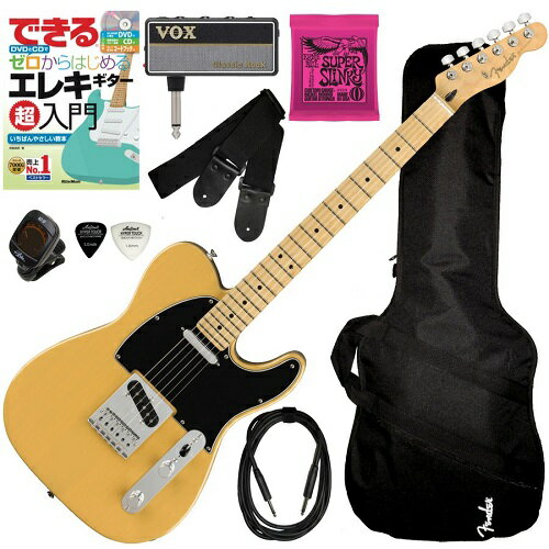 Fender / PLAYER TELECASTER 初心者セット Maple Fingerboard, Butterscotch Blonde 弦が抑えやすい良いギターで練習をすれば上達も早いはずです!! 当店ではエレキギターの弦を抑えやすくするためにナットやフレットを調整してから出荷させていただきますので、とても弾き易く弾き心地も良くなっております。 囁きから、泣きのトーンまで思いのままに操ることができるピュアなフェンダーテレキャスターのフィーリングとスタイル、そして最も大切なサウンドの三拍子揃った、"PLAYER TELECASTER"に、ソフトケース、練習に便利で定番のロックサウンドが楽しめるエフェクター内蔵ヘッドホンアンプ"VOX amPlug2 Classic Rock" 、入門者向け教則本の決定版"リットーミュージックDVDで今日から弾ける!エレキ・ギター"、クリップチューナー、ストラップ、シールド(3m)、ピック、替弦をセットにしました。 替弦は、アーニーボールのスーパースリンキーをセットにしております。 ＊チューナー、クロス、ピックの色は選べません。 商品の色合いは、実物とは多少異なる場合があります。 楽器本体の仕様は予告なく変更になる場合がありますのでご了承ください。調整済で弾きやすいテレキャスター