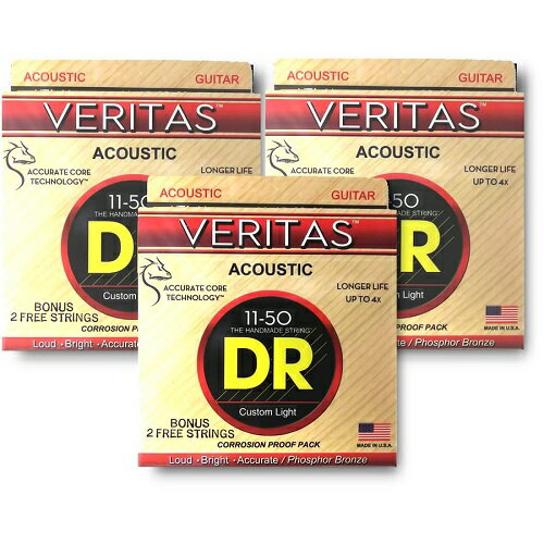 DR / VERITAS ACOUSTIC VTA-11（11-15-22-30-40-50）×3セット DR独自の技術Accurate Core Technology (ACT)でコア材を極限まで研磨し、独自配合のフォスファーブロンズをハンドワウンドした今までにない新しいアコースティック弦です。 コア表面を均一にすることでよりタイトにワウンドすることが可能になり、汚れや汗の侵入を阻止。 また、より自然な振動を実現。 これによりアンコーティングながら長寿命で、タッチレスポンスがよく、ダイナミックなサウンドから、繊細なプレイニュアンスまで表現でき、分離のよいサウンドを実現 また、変速チューニングでも驚くほどピッチが安定する弦に仕上がりました。 ＊この商品はメール便での発送となりますので到着日時の指定は出来ません。 　パッケージは予告なく変更になる場合がございます。 　予めご了承ください。DR/VTA-11