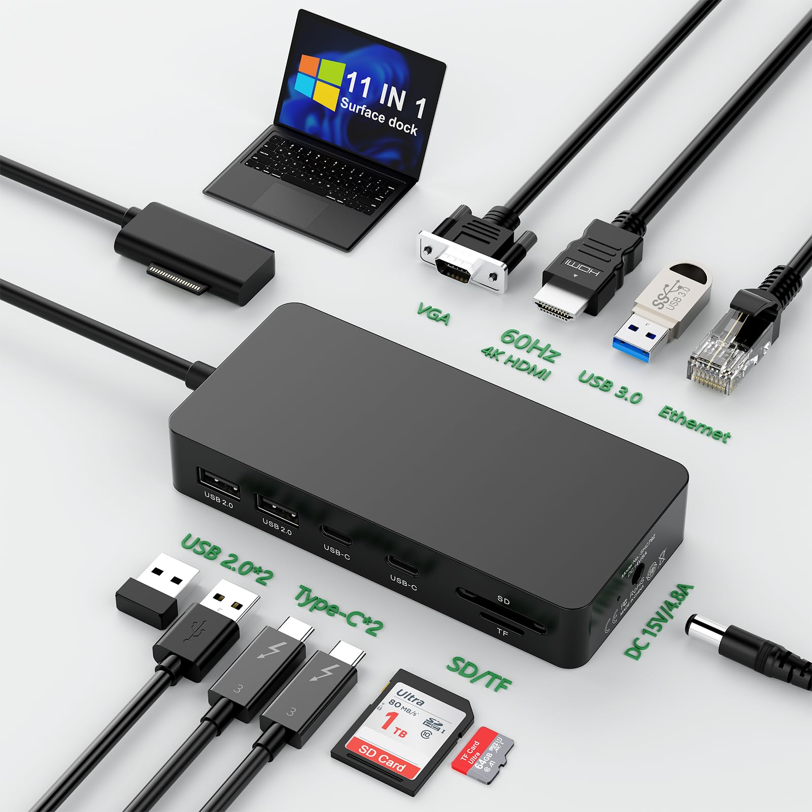 樂天商城 - しいマイクロソフトSurfaceドック 4K@60HZ HDMI+VGA+イーサネット+USB-C/USB-A+SD/TF 11 in 1 Surfaceドッキングステーション用60W電源付き Surface Pro 10/9/8/X/7/6/5/4/3