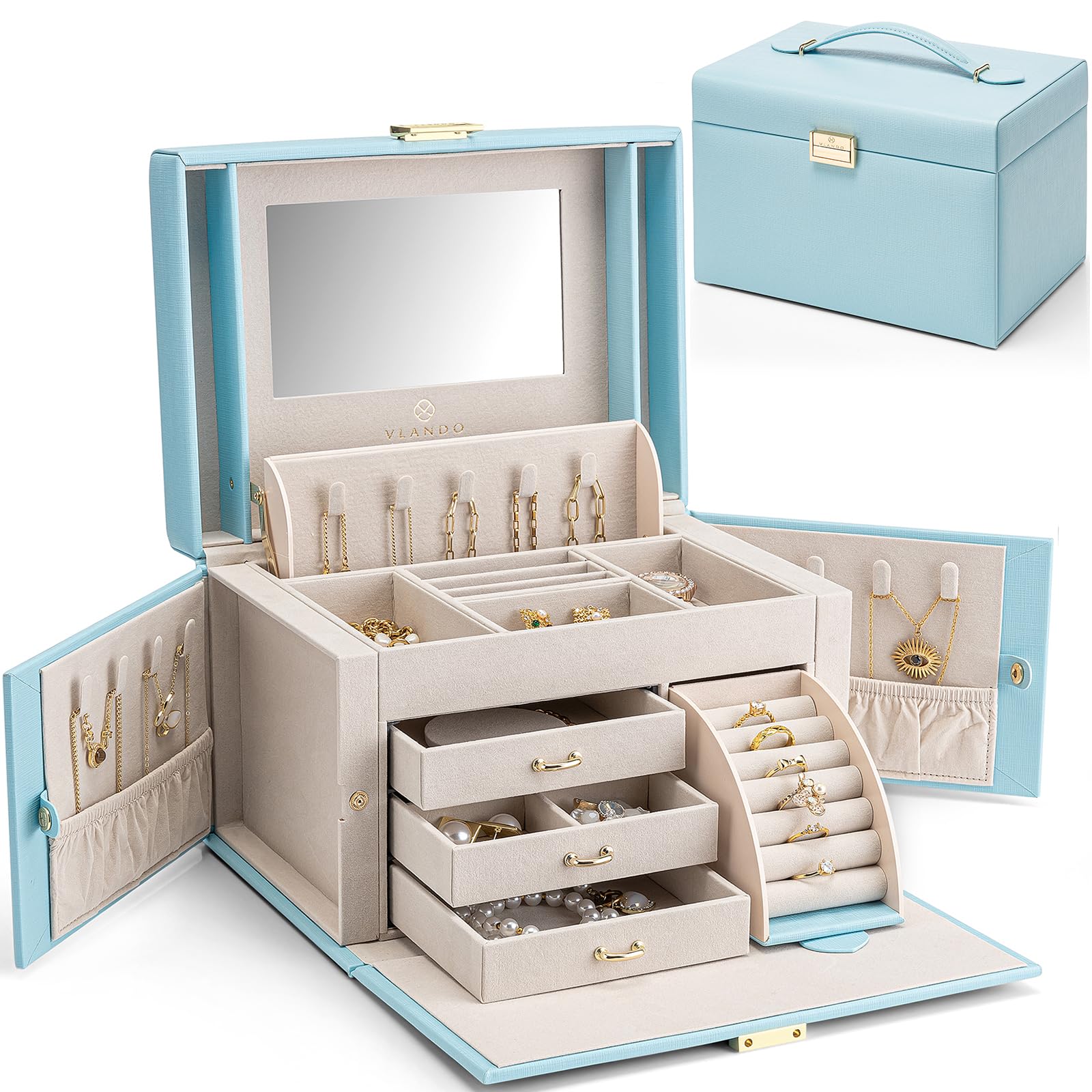 Vlando ジュエリーボックス 収納 アクセサリーケース 大容量の宝石箱 母の日スウィートなプレゼント ミラー 鏡付き ピアス ネックレス 指輪 リング アク...