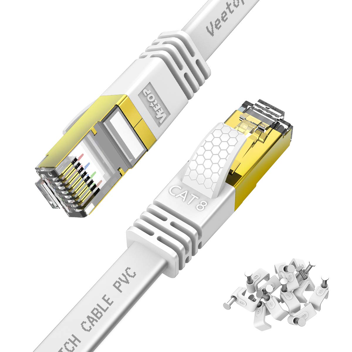 20m Veetop LANケーブル CAT8 フラット 爪折れ防止 難燃性 耐候性 超高速 40Gbps 2000MHz 26AWG 二重シールド鍍金コネクタ RJ45企業用 パソコン ルーター PS4 PS5 Xboxに対応有線イーサネットケーブル (