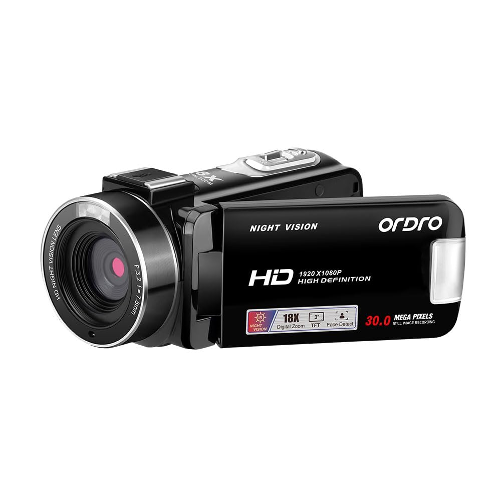 ORDRO B320 ビデオカメラ 1080P 30 FPS レコーダ フルHD 30 MP 18 Xデジタルズームカメラ、YouTubeビデオ記録カメラ Vlogカメラ 赤外線夜視、3.0インチ反転画面、電池2本、リモコン（黒）