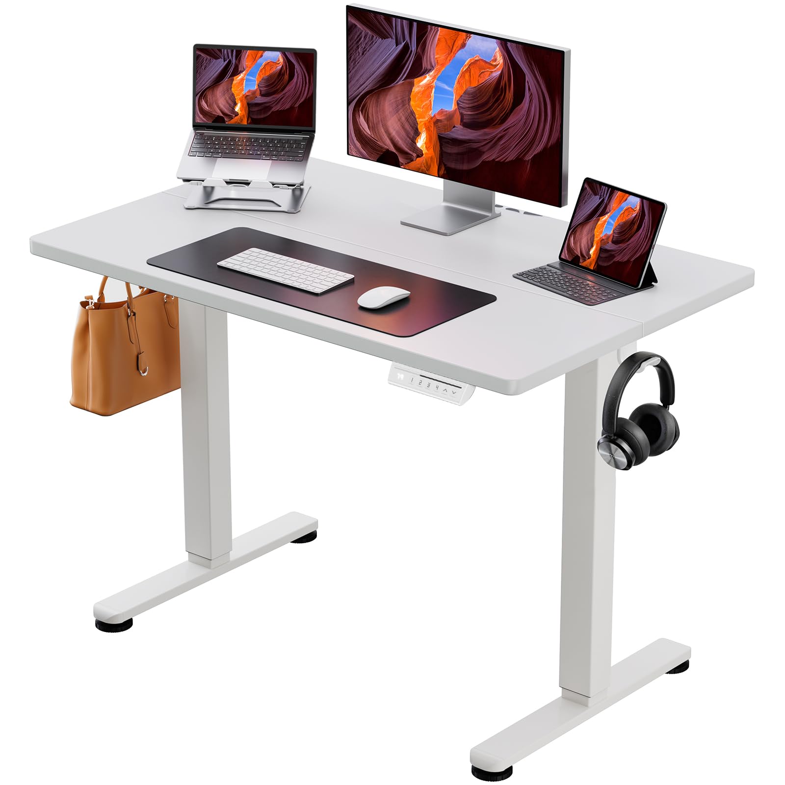 樂天商城 - ErGear 電動 オフィスワークテーブル 昇降式デスク スタンディングデスク 幅100cm 耐荷重80kg 高さメモリー機能 上下自動昇降 静音 収納フック付き 机 作業机 テレワーク 【幅100 x 奥行き60 x 高さ72-118cm】（ホワイト）