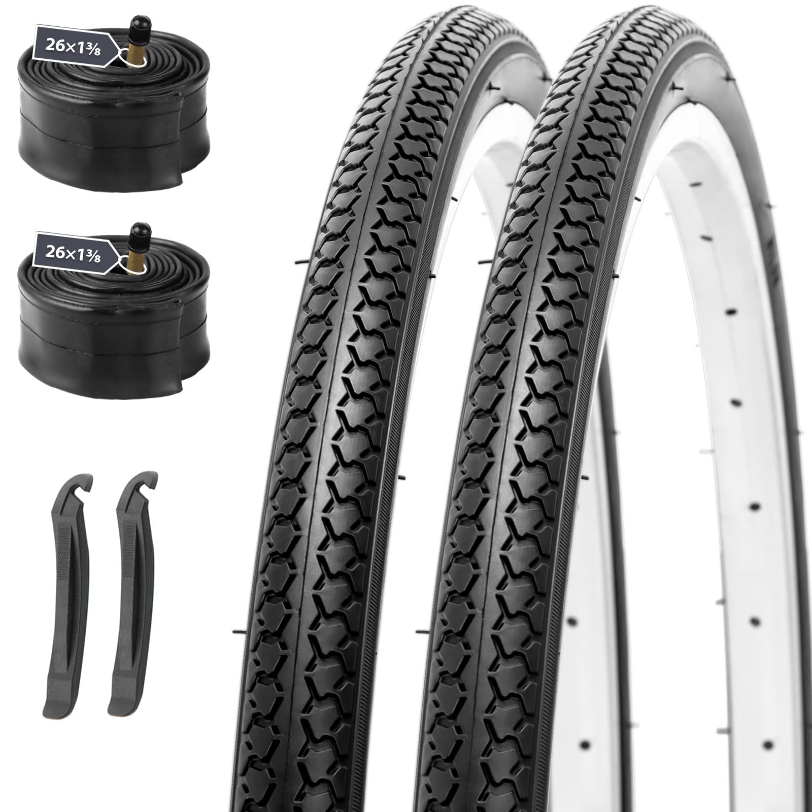 樂天商城 - MOHEGIA 2本セット 26×1 3/8 自転車 タイヤ: 26インチ 37-590 軽快車 耐摩耗 街乗り通勤 アーバンバイク、ママチャリ対応 - 折りたたみ式 交換用+32mm米式チューブ+タイヤレバー - ブラック