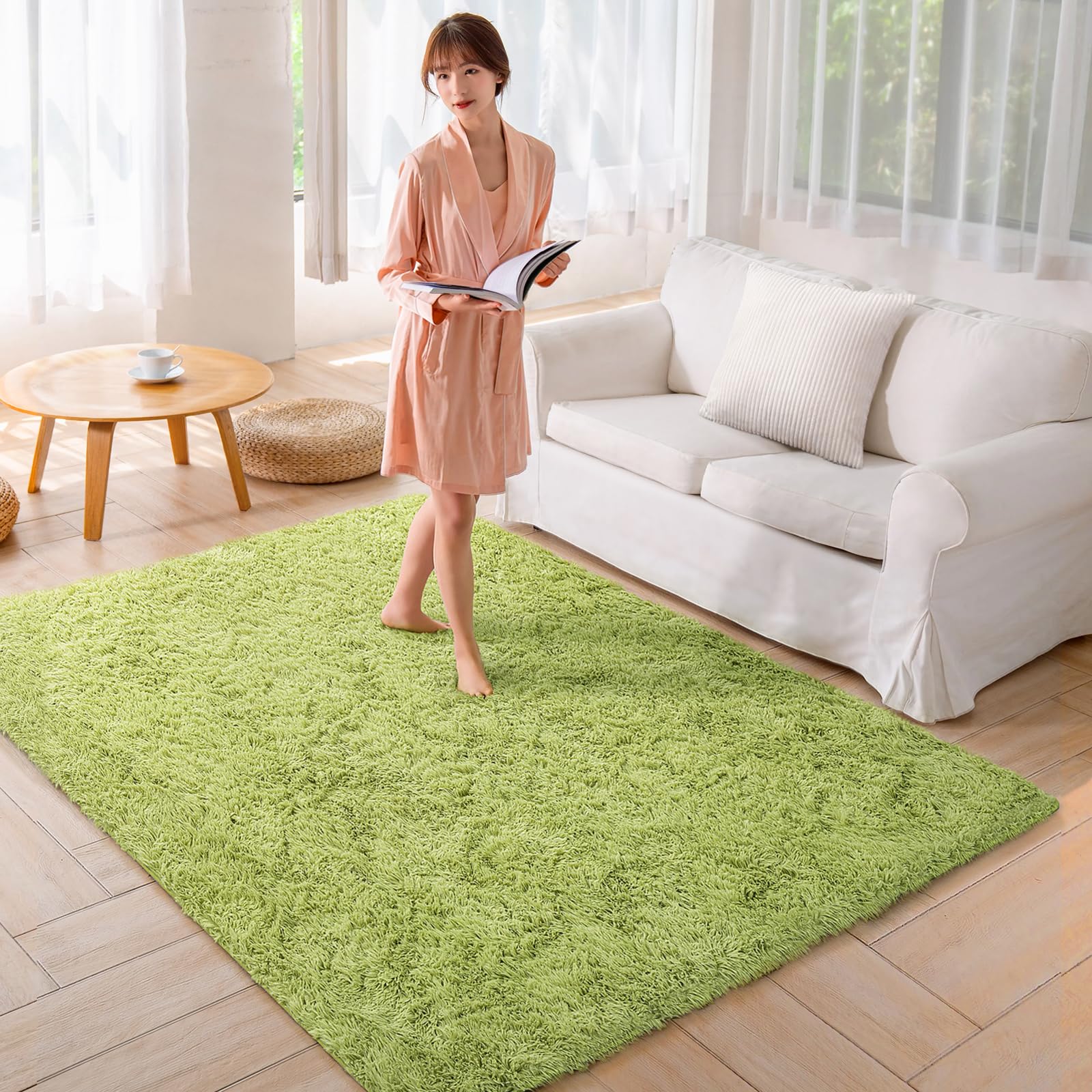 Beddiny カーペット ラグ ラグマット 洗えるラグ【中層:極厚30D高密度ウレタン 独自技術の抗菌防臭加工】絨毯 オールシーズン快適に使用 滑り止め付き 高密度シャギーラグ グリーン 200×300cm