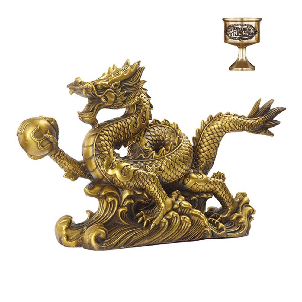 樂天商城 - 龍 置物 昇運金龍 5本爪 竜 風水龍 龍と水杯セット 珠戯れ龍 黄銅製 金運アップ 商売繁盛 開運 昇運 機運上昇 風水 置物 干支 縁起物 吉祥開運 贈答 開運祈願 銅器 (S)