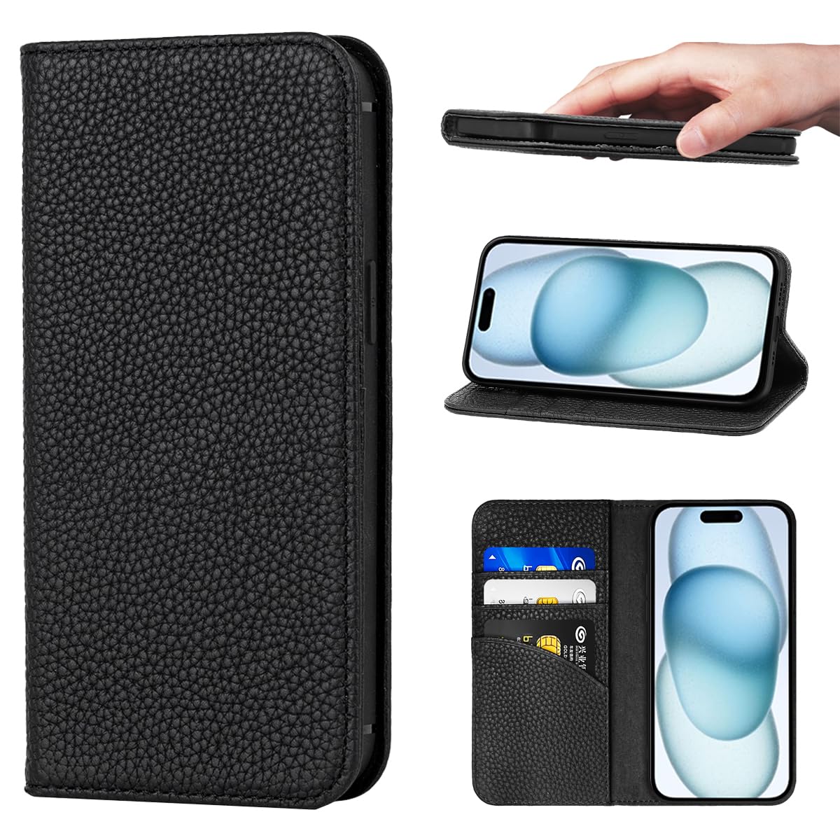 iPhone 15 ケース 本革 手帳型 カバー 耐衝撃 保護 カバー 本革 内蔵マグネッ RFIDト 財布型 携帯カバー カードポケット スタンド機能 NanHou - ブラック