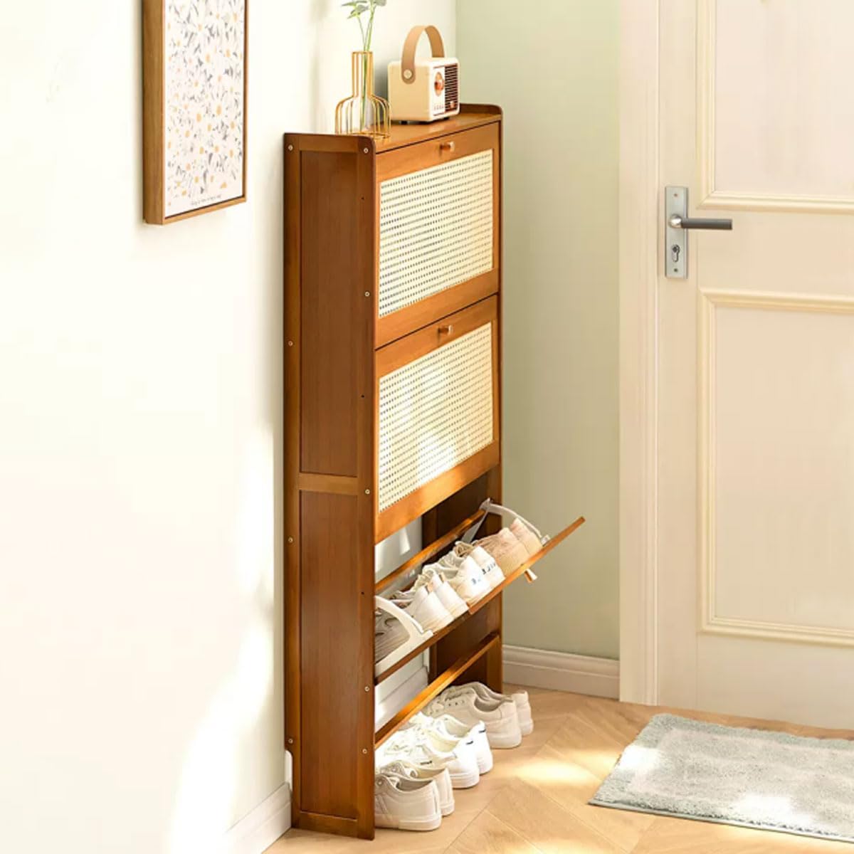 Yumcute シューズボックス 薄型 スリム 幅70CM 3段 大容量 靴箱 下駄箱 シューズラック 通気性 天然竹..