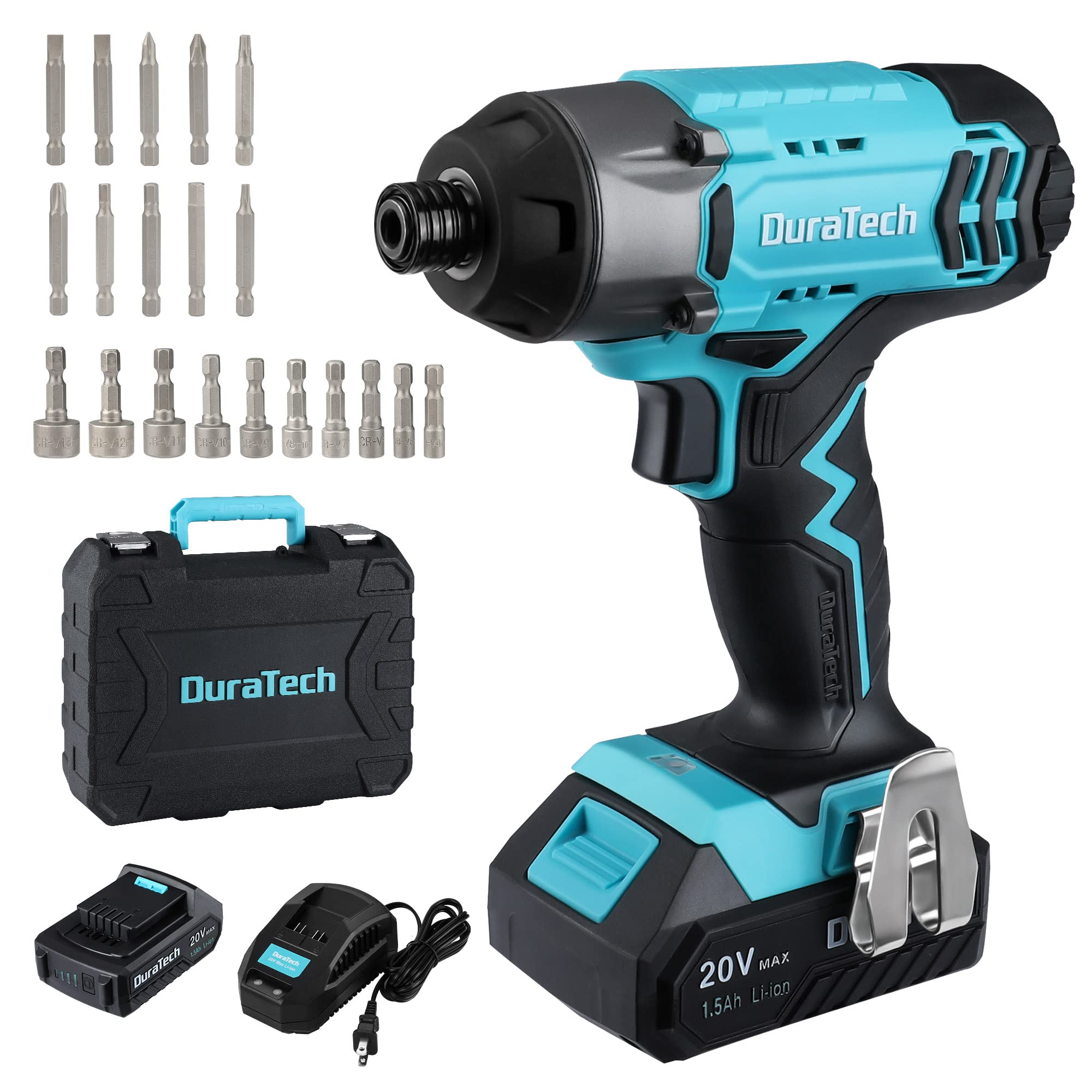 DURATECH インパクトドライバー 20V 充電式 コードレス LED照明ライト 過負荷保護 過熱保護 自動停止モード 無段変速 正逆転切り替え 1.5Ah蓄電池1個 最大トルク170N.m 急速充電器1個 ソケット&ビット10本付き 家具の組み立て