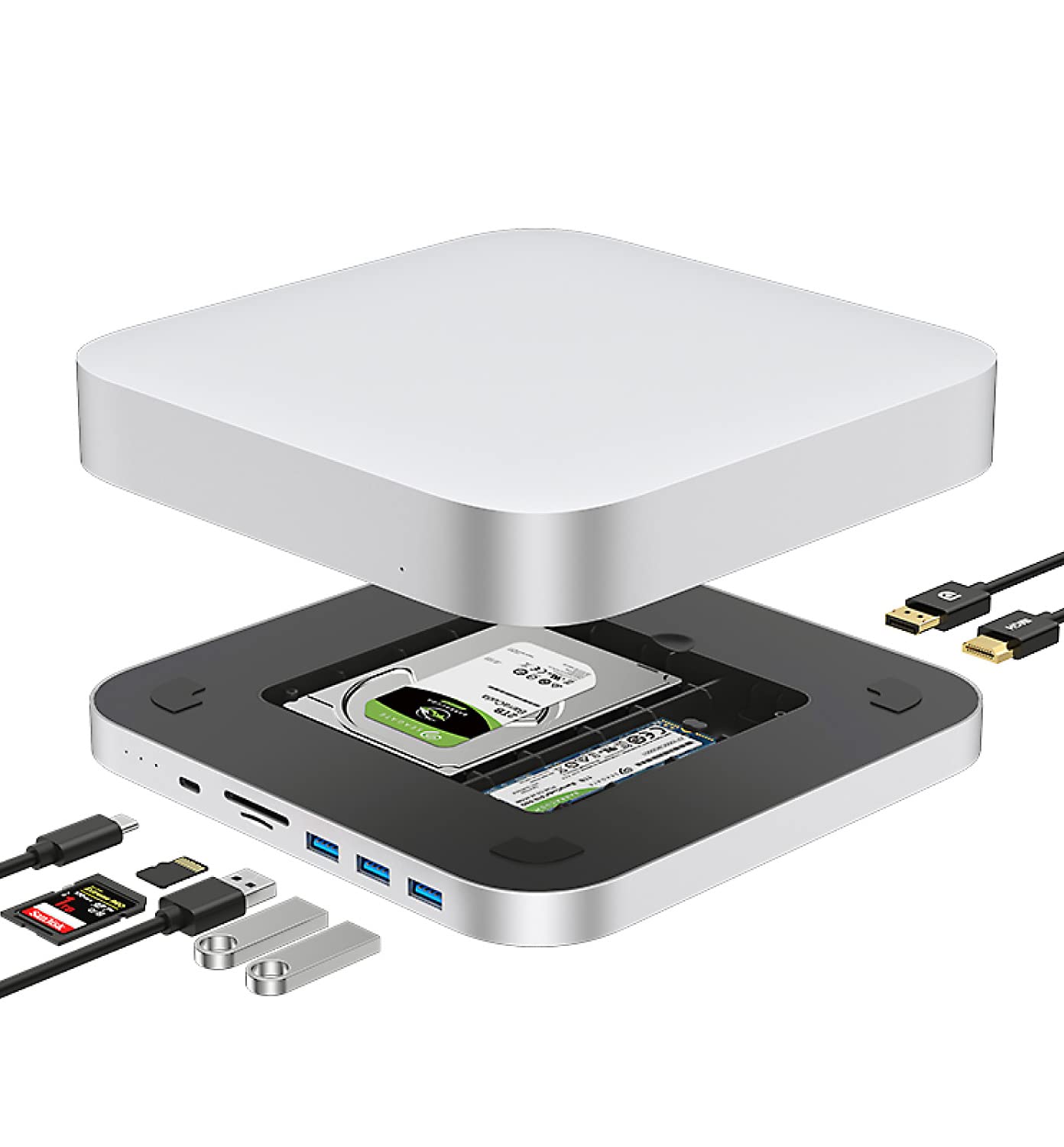 Macmini ドッキングステーション Type C 10in2 シルバー/M.2 2.5インチ SSD/HDD HDMI Displayport TypeA ×3 TypeC SD microSD/Mac mini M2 Mac mini M1 Wi