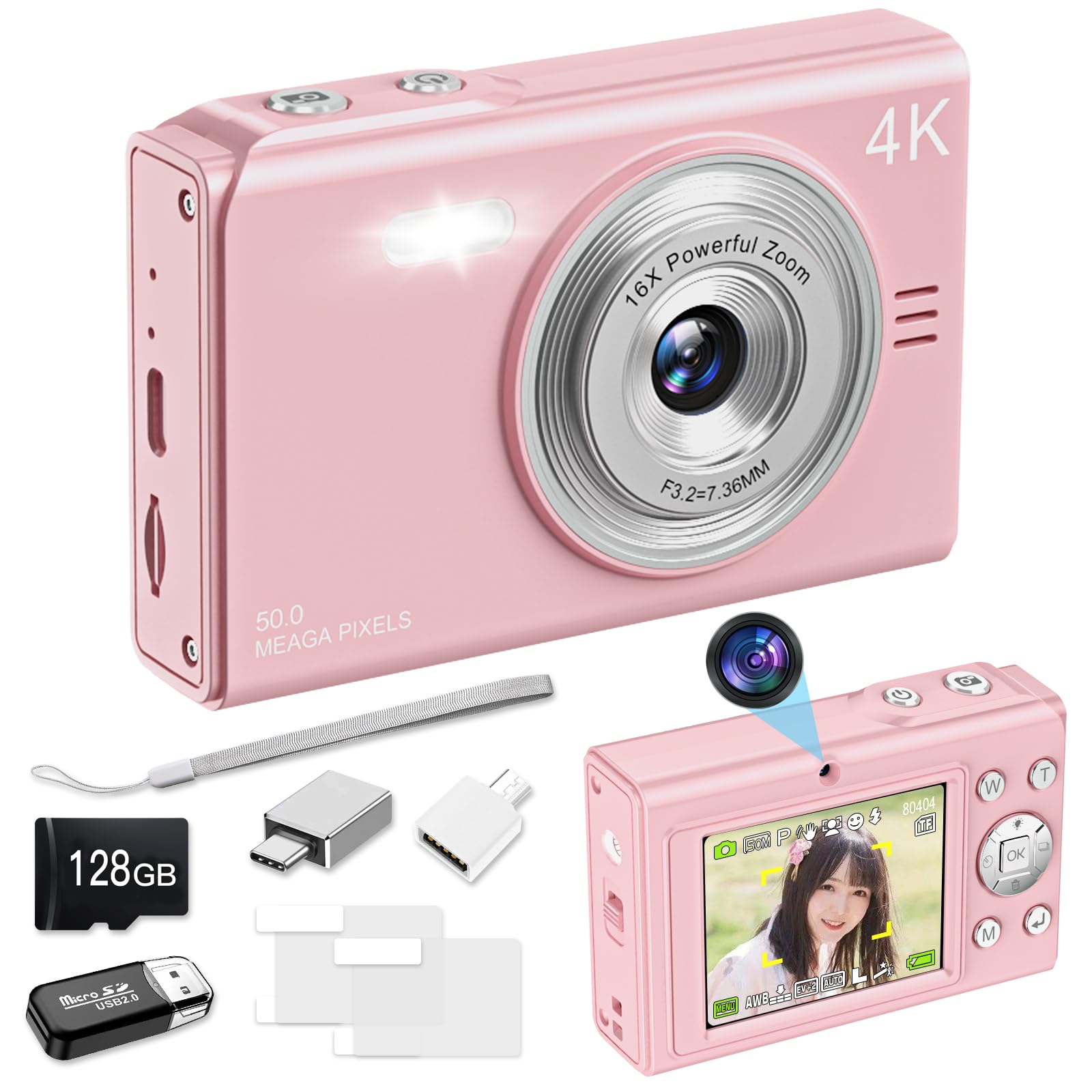 Moledro 4K デジタルカメラ デジカメ 5000万画素 懐中電灯機能 デュアルカメラ 128GBマイクロSDカード付き 16倍デジタルズーム 手振れ補正 顔検出 ウェブカメラ 自撮り便利 2.88インチ大画面 バッテリー内蔵 コンパクト コンデジ