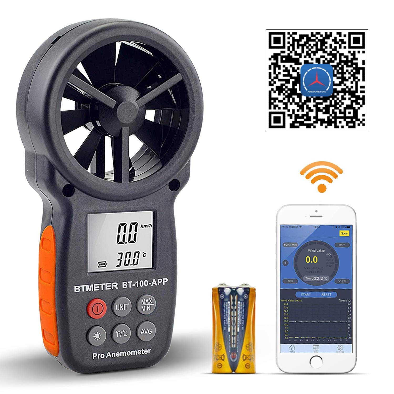 BTMETERデジタル風速計BT-100APP 風量計 風力計 風向計 気温と風速測定器搭載 Bluetooth経由で電話にリンク ハンディ風速風量計 最大風速、瞬間風速、平均風速が計測 室外 漁業 農業 ドローン適用 日本語説明書付き