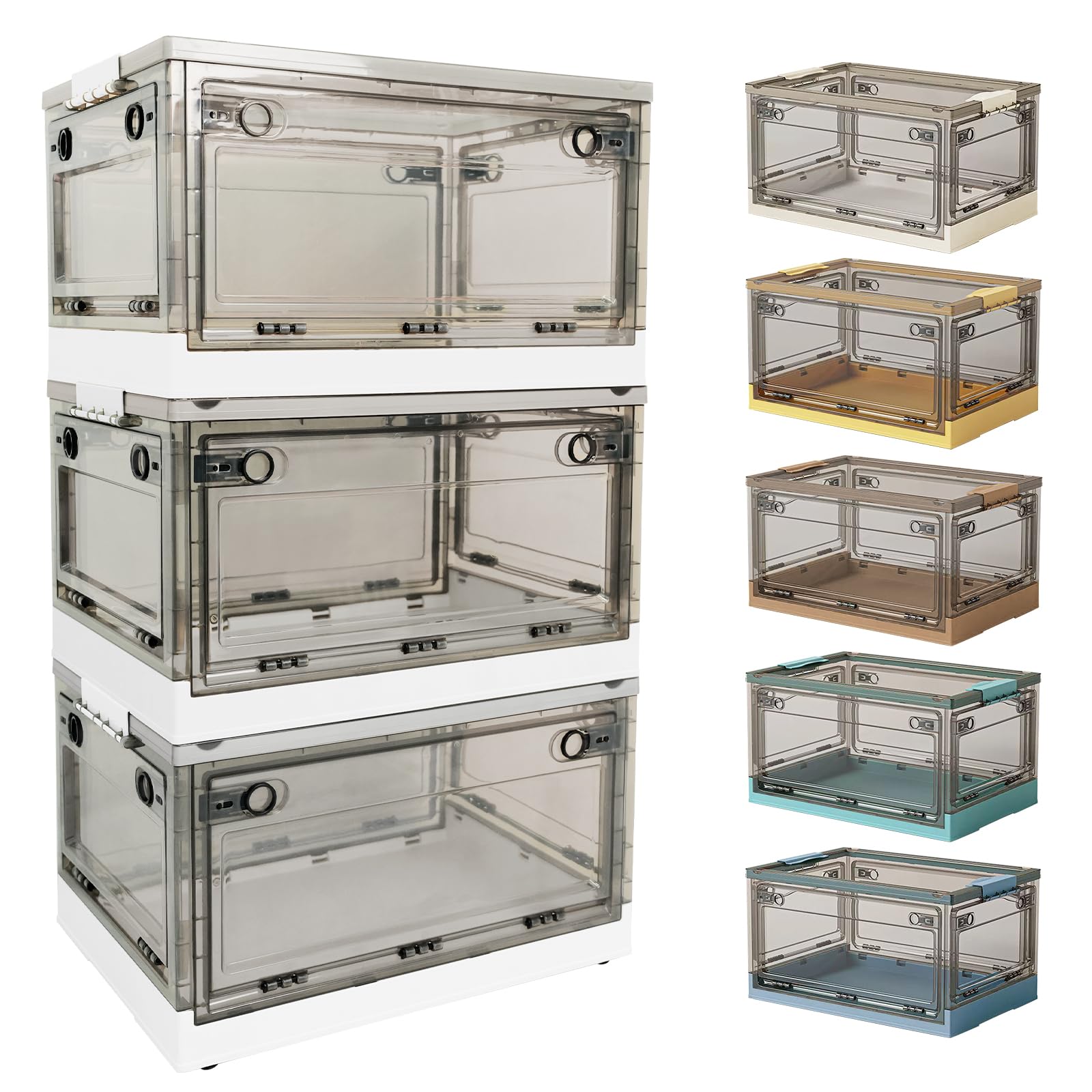 Hellozebra 収納ボックス 折り畳み【透明・全方向から取り出せる・大容量85L/56L/40L】コンテナ 収納ケース コンテナボックス 収納コンテナ 蓋付き 積み重ね キャスター付き ロック付き 組み立て簡単 省スペース 厚み 強い耐荷重 衣類/小