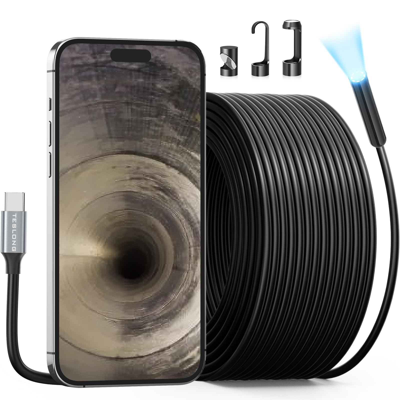 15M下水道内視鏡カメラ Teslong ファイバースコープiphone 15対応 USB C排水管ボアスコープ検査カメラ8個高輝度LED搭載 50フィートの柔軟で防水の工業用内視鏡 ファイバースコープカメラ排水口/配管内/自宅建築の点検 適用するAndr