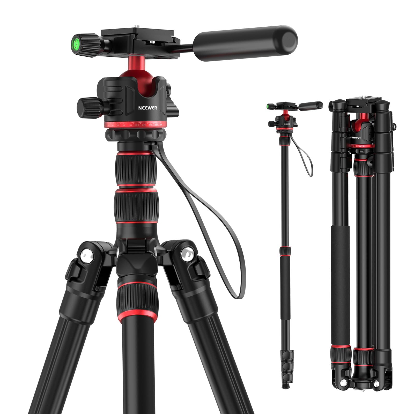 NEEWER Basics カメラ三脚 一脚 196cm コンパクト 軽量 折りたたみ旅行三脚 ビデオ三脚スタンド 360°ボールヘッド Arca型QRプレート リバーシブル脚 反転中心軸付き 一眼レフ/ミラーレス/ビデオカメラ用 耐荷重6kg TP0
