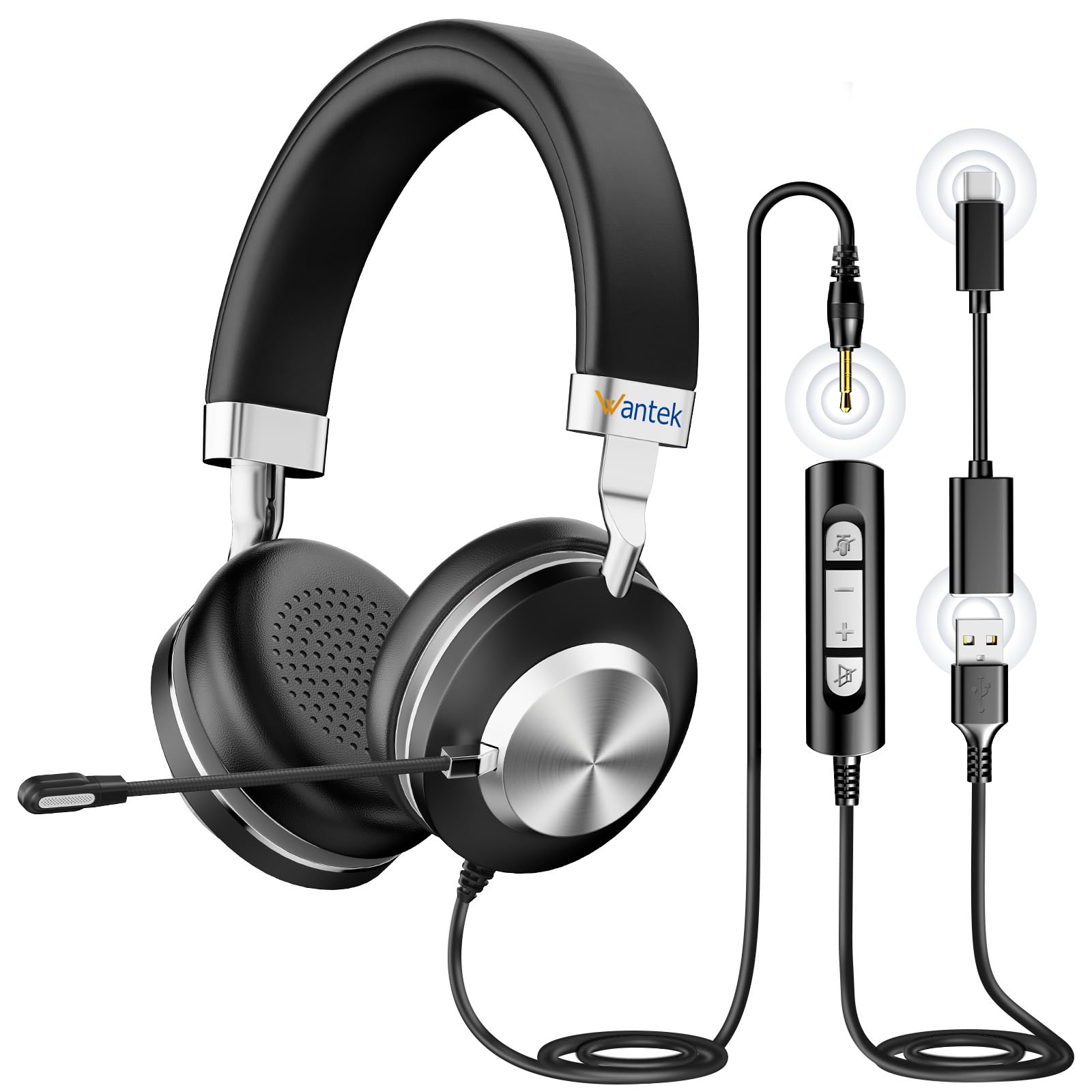 Wantek アップグレードヘッドセット USB Type-C 3.5mm 両耳 新型ノイズキャンセリングマイク付き 有線コントロール PC用ヘッドホン Web会議、Zoom/Skype、オフィス、ビジネス、在宅勤務、業務用、リモートワーク、オンライン授業