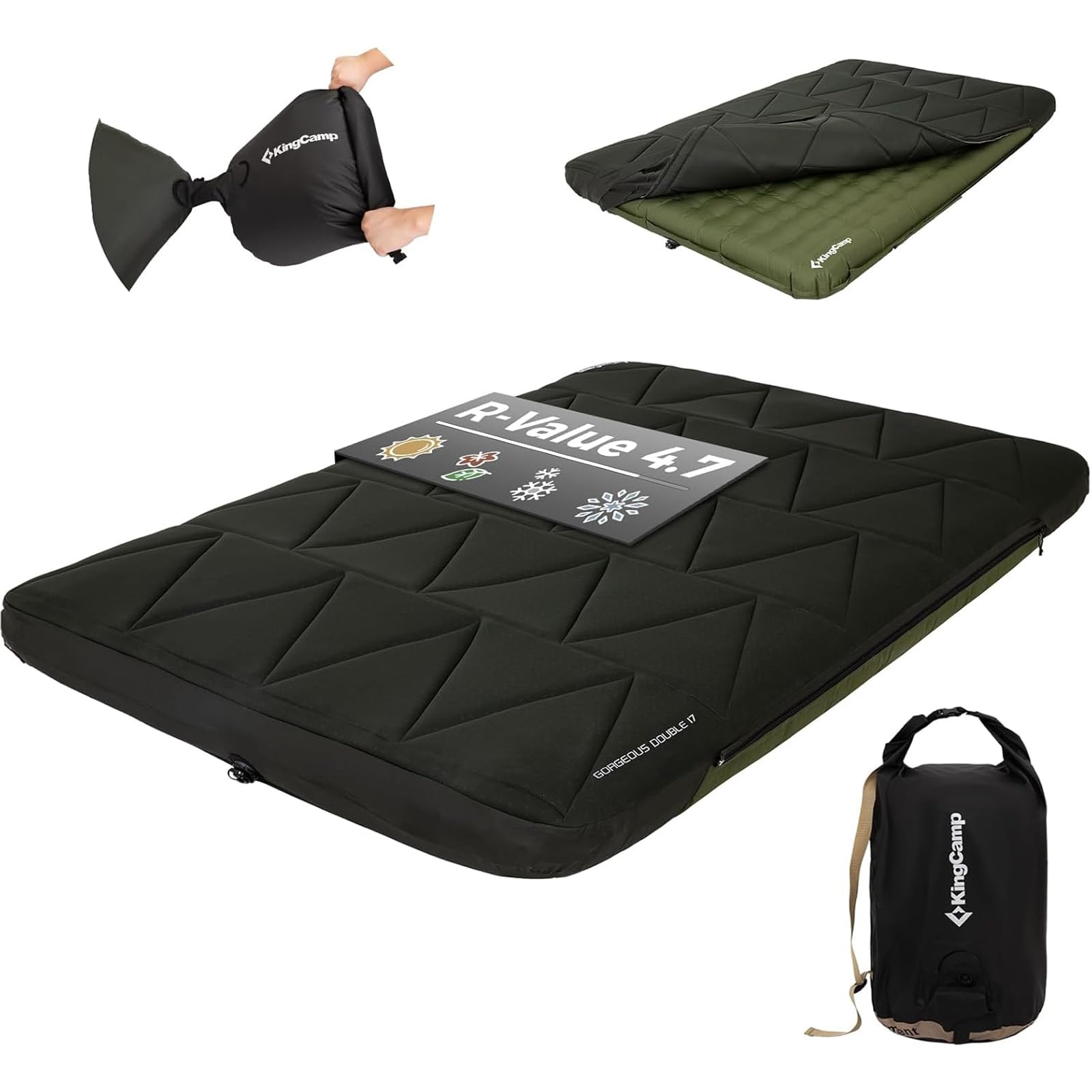 KingCamp インフレータブルマット ダブル【高厚17cm/耐荷重272kg】連結可能 キャンプマット R値4.7 快適 高弾力 ワイド 201x141cm マットカバー付き 車中泊 防災