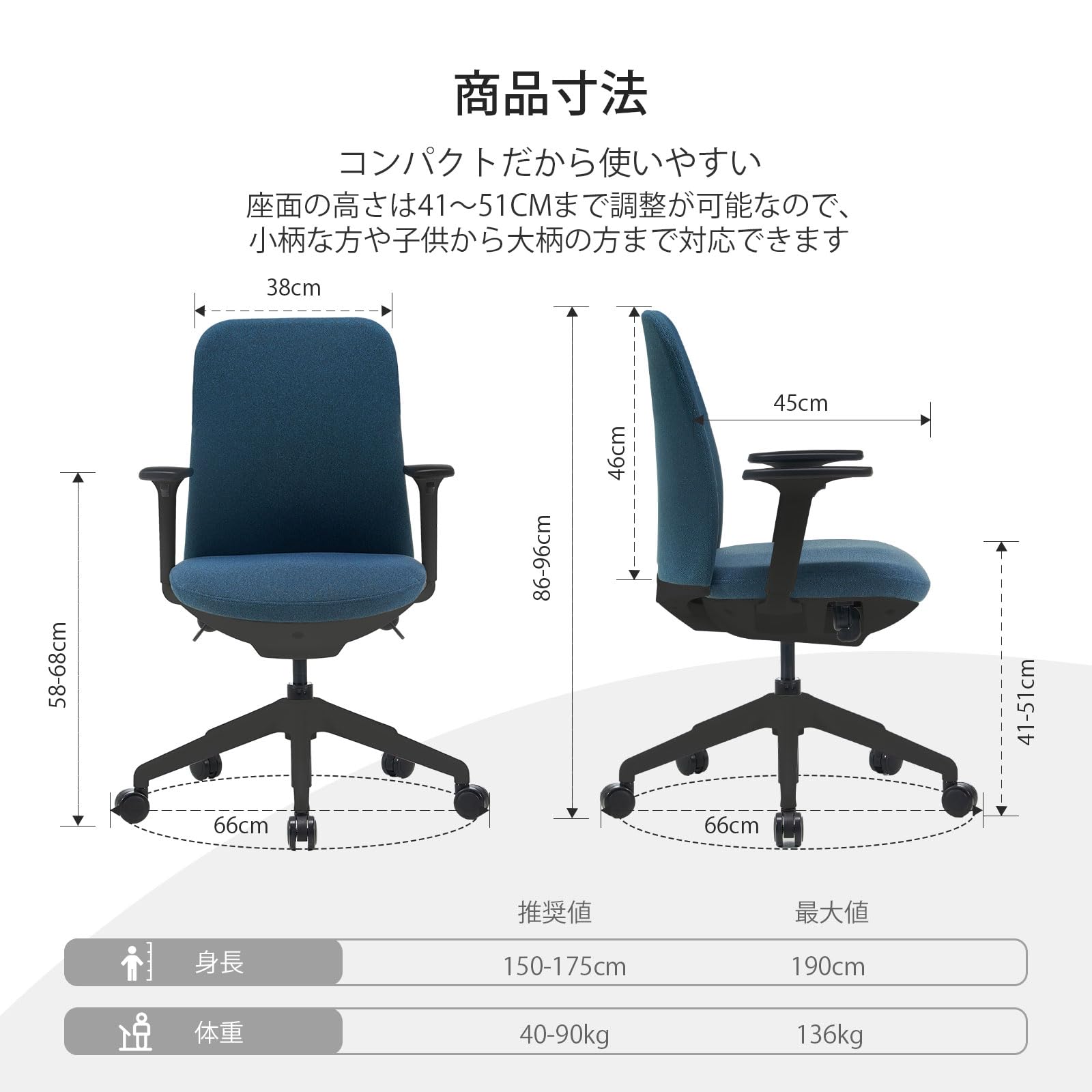 Takumi Detail オフィスチェア デスクチェア チェア人体工学椅 ランバーサポート調節可能 pcチェア 事務椅子 疲れない ハイバック 360°回転 座面昇降高反発座面強化ナイロン 蒸れず 耐荷重強い静音PUキャスターレディース椅子 (ブルー) matsukageya-10210844 松陰屋 楽天市場店 サンプル画像3